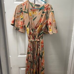 PrettyLittleThing Cream and Orange Maxi Dress with Plunge Neckline